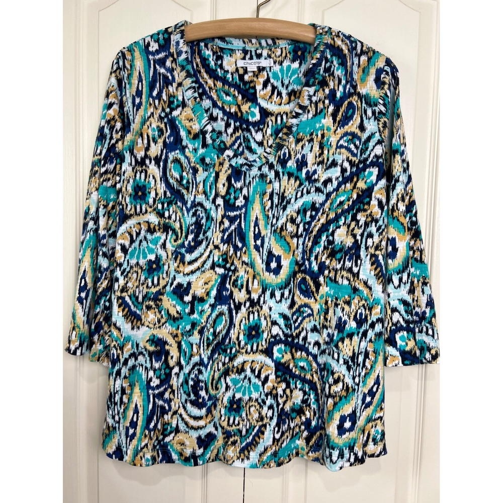 Chico's Top Women 3 XL Blue Paisley V-Neck 3/4 Sleeve Cotton Modal Casual Tee C1